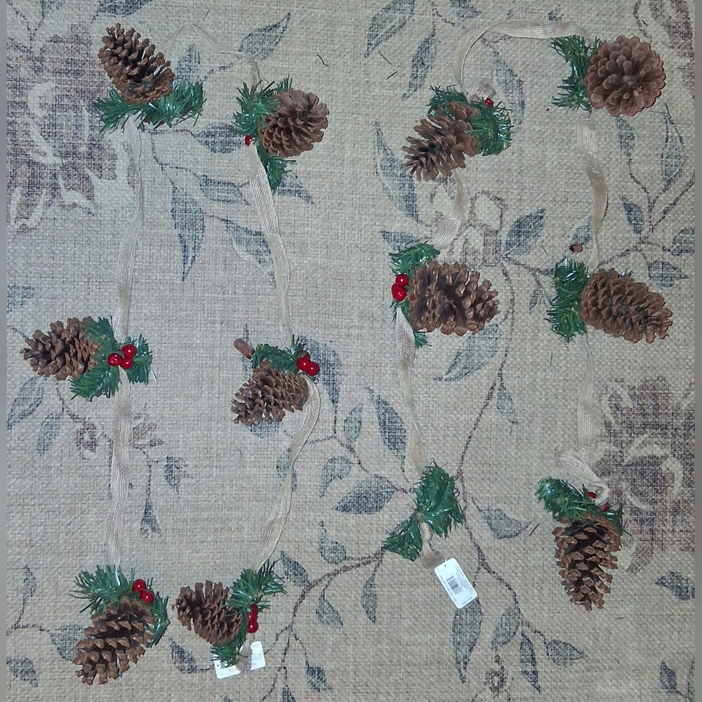 2 Christmas/Holiday Garlands W/Pine Cones, Berries, & Gold Ribbon NWT